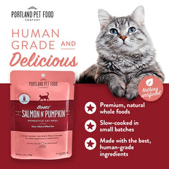 Close-up of Boots' Salmon N' Pumpkin pouches, real ingredients visible.
