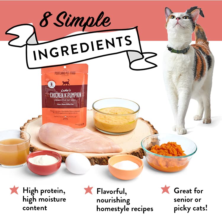 Close-up of Portland Pet Food Company variety pack with 2 chicken and 2 salmon pouches.