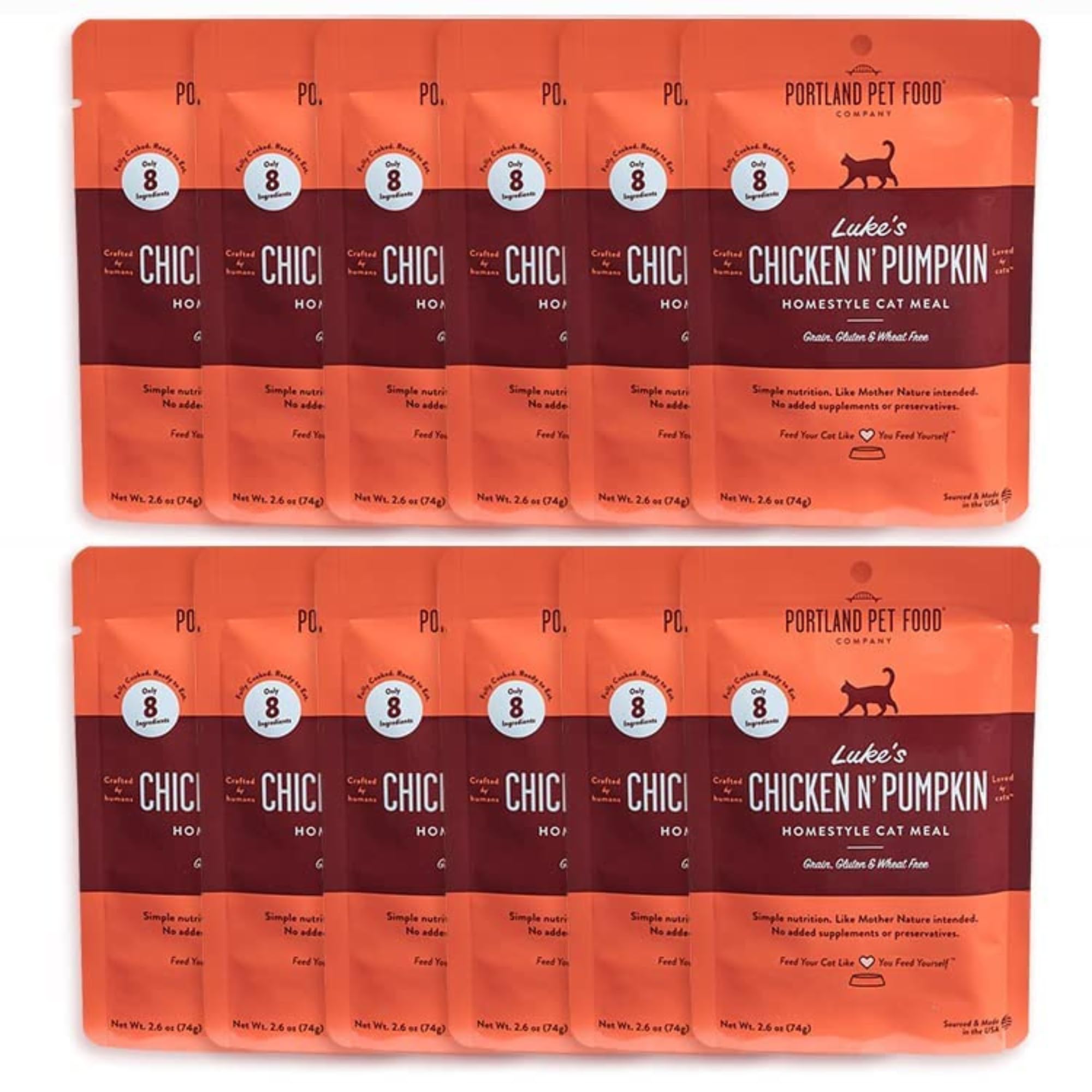 Portland Pet Food Co Luke's Chicken N' Pumpkin pouch close-up highlights protein-rich hydration for cats.