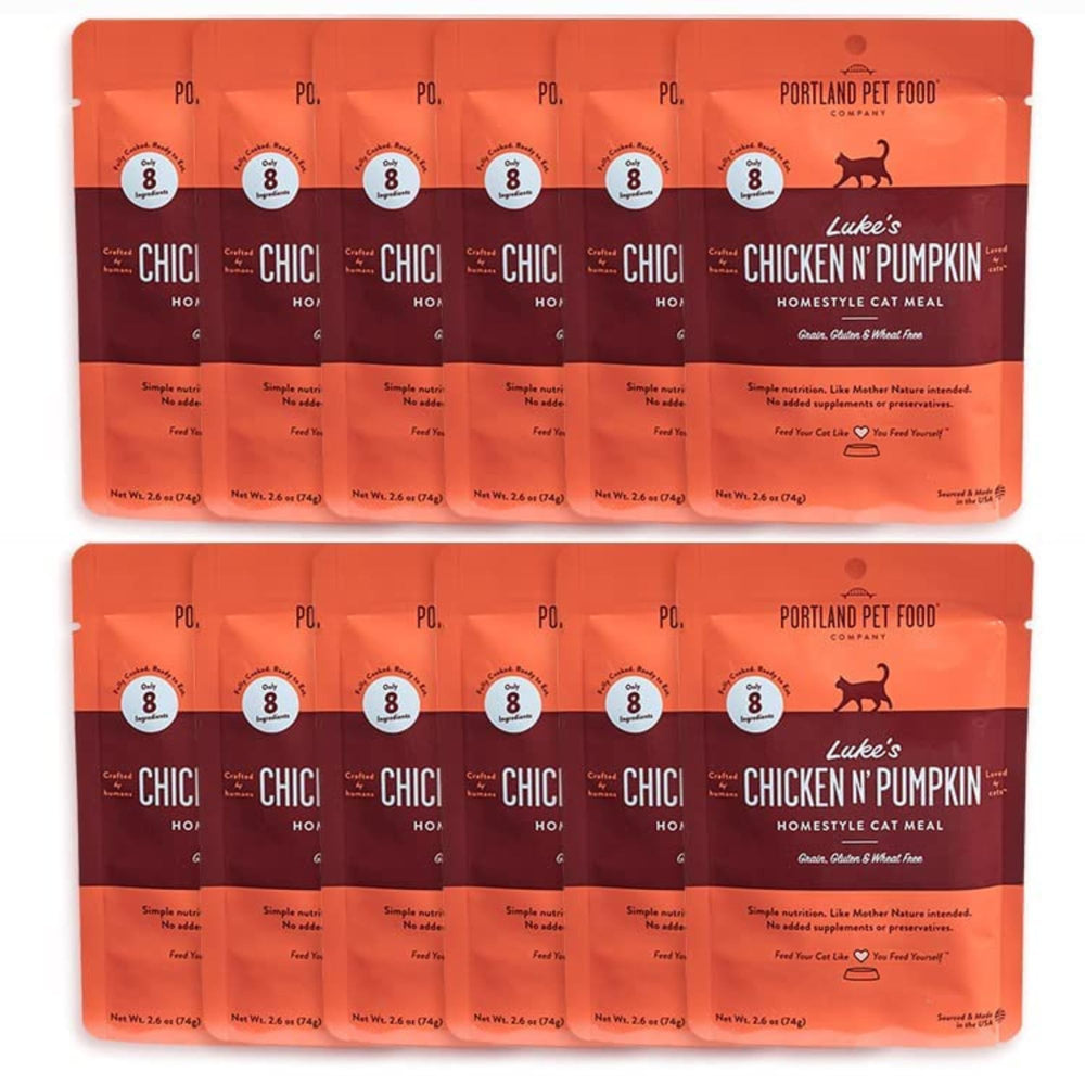 Portland Pet Food Co Luke's Chicken N' Pumpkin pouch close-up highlights protein-rich hydration for cats.