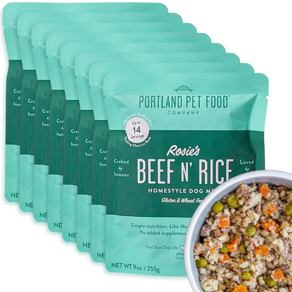 Rosie’s Beef N’ Rice pouch label shows limited ingredients for transparency.