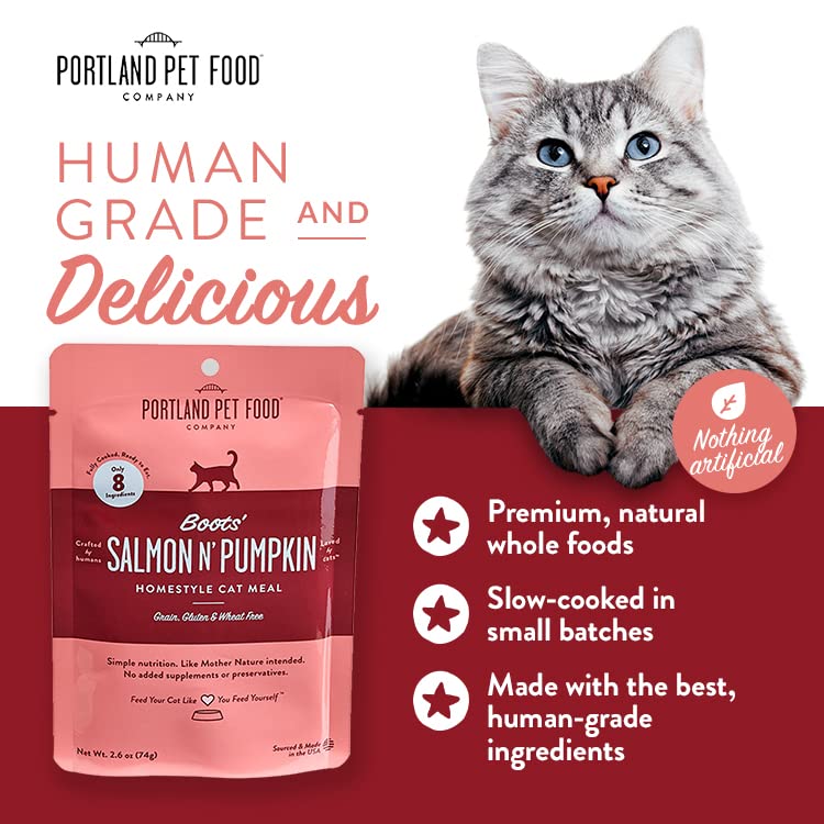 Portland Pet Food Company cat food pouches on display for rotation and mixing