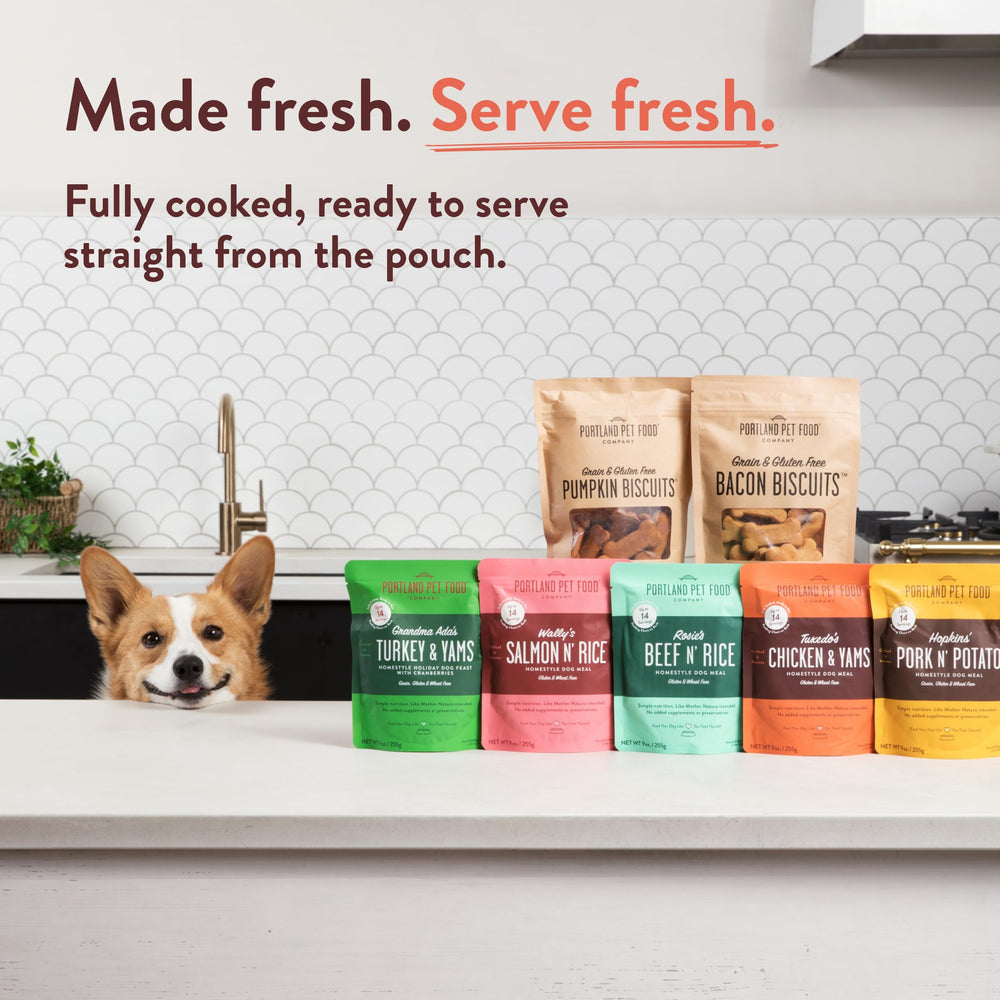 Portland Pet Food Company microwave-safe packaging for quick warming before feeding.