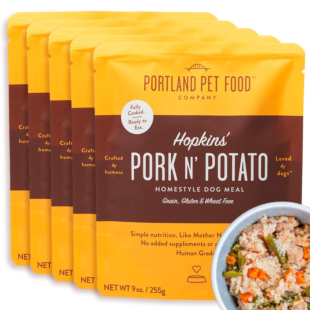 Portland Pet Food Hopkin's Pork N’ Potato pouch closeup shows human-grade ingredients and grain-free nutrition.