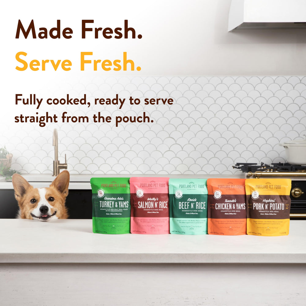 Microwave-safe Hopkin's Pork N’ Potato pouch packaging makes quick warming easy.