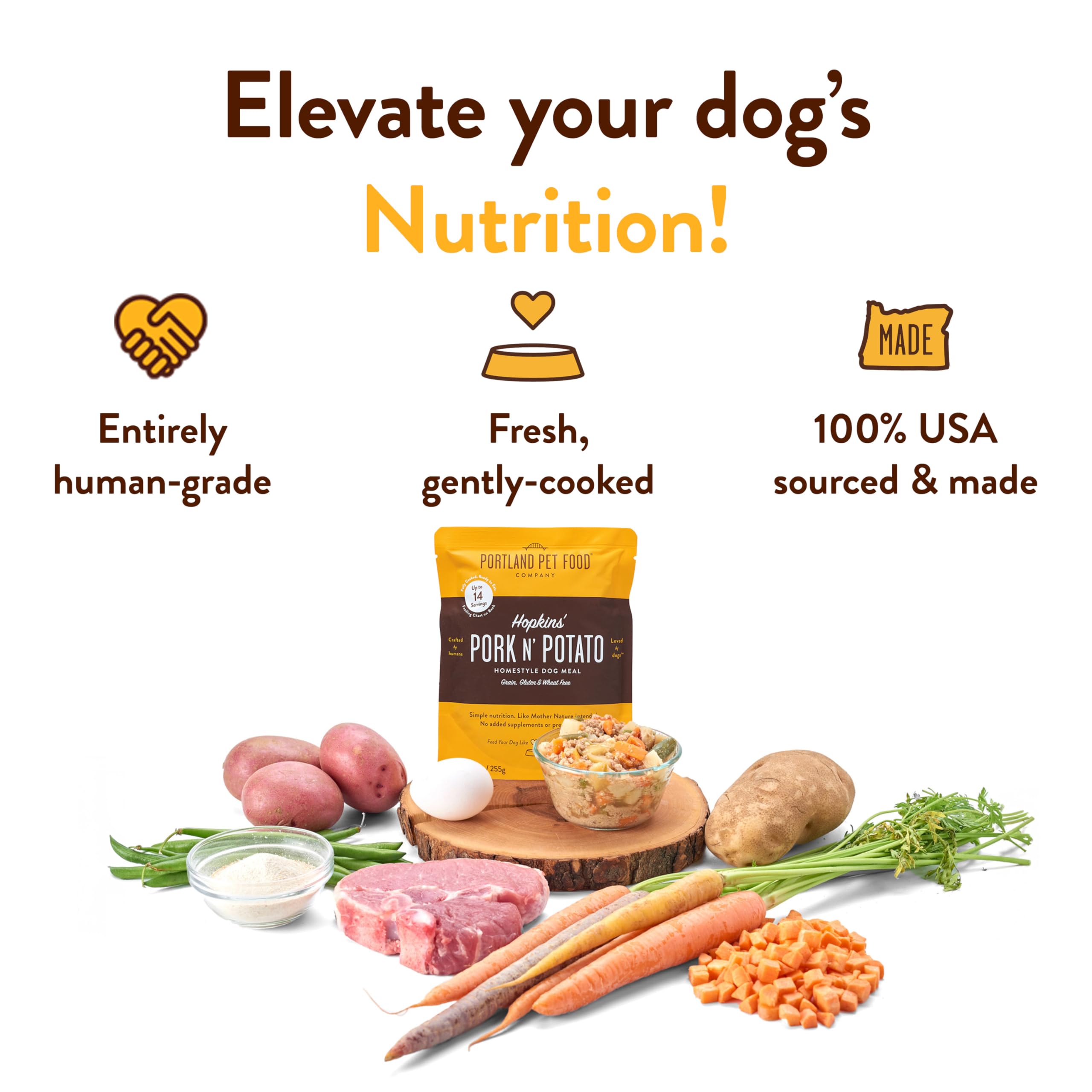 Hopkin's Pork N’ Potato pouch serving illustrates versatile meals, toppers, or mixers for dogs.