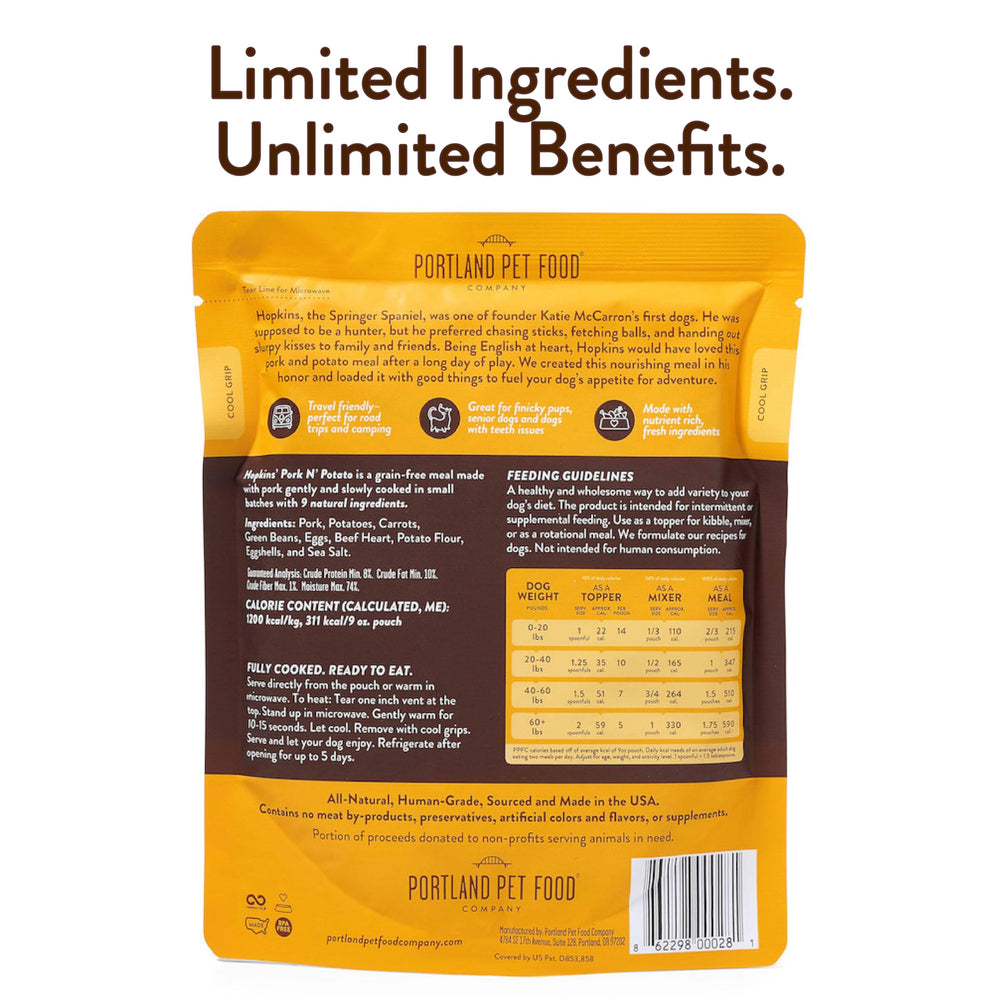 Senior and puppy dogs can enjoy Hopkin's Pork N’ Potato serving options with the pouches.