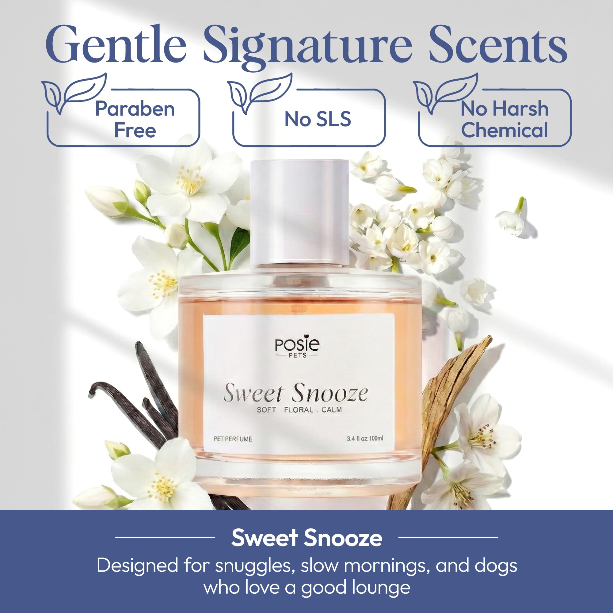 Posie Pets dog cologne spray application distance shows easy refreshing from 6–8 inches.