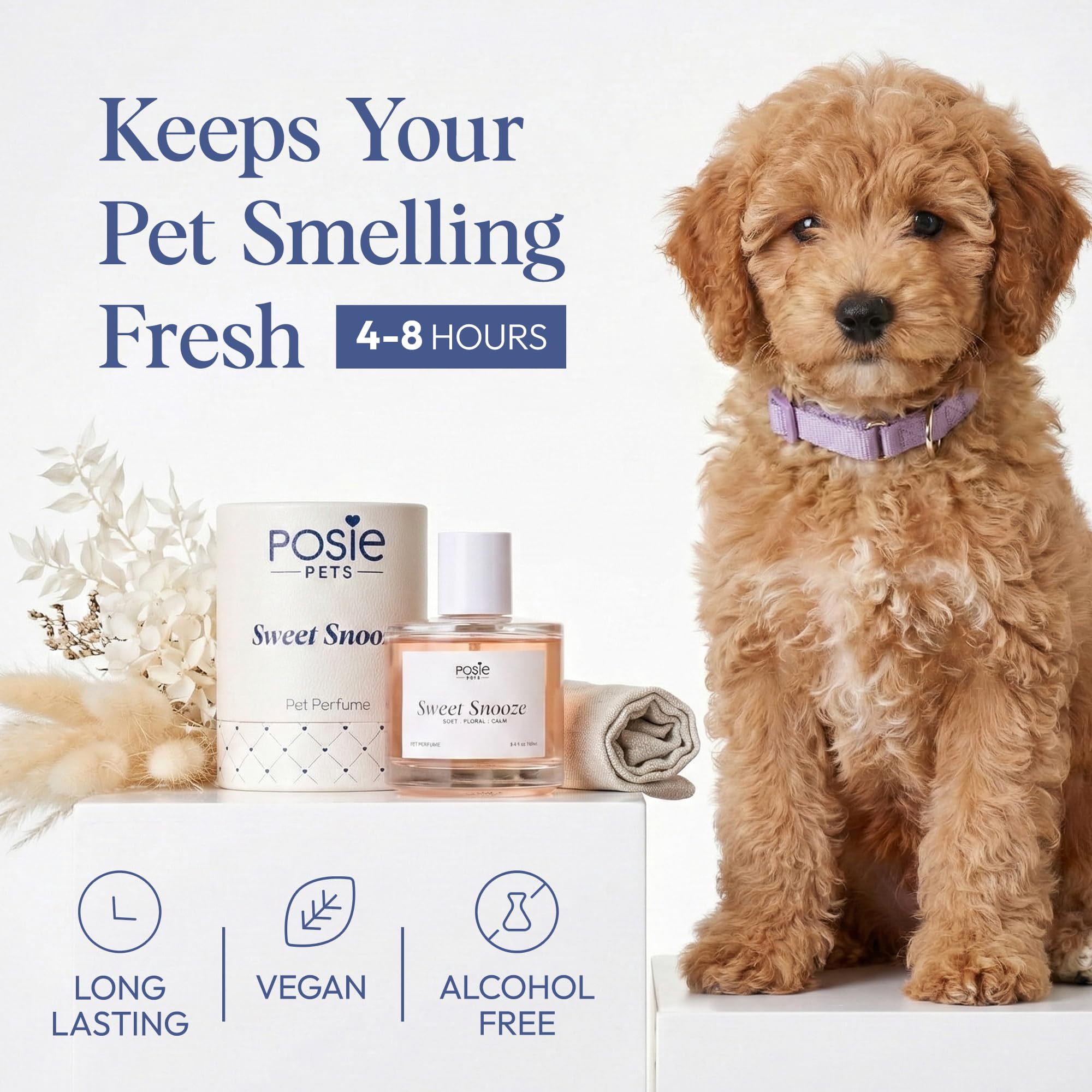 Posie Pets vanilla jasmine musk scent highlights spa-like aroma for daily cuddles.