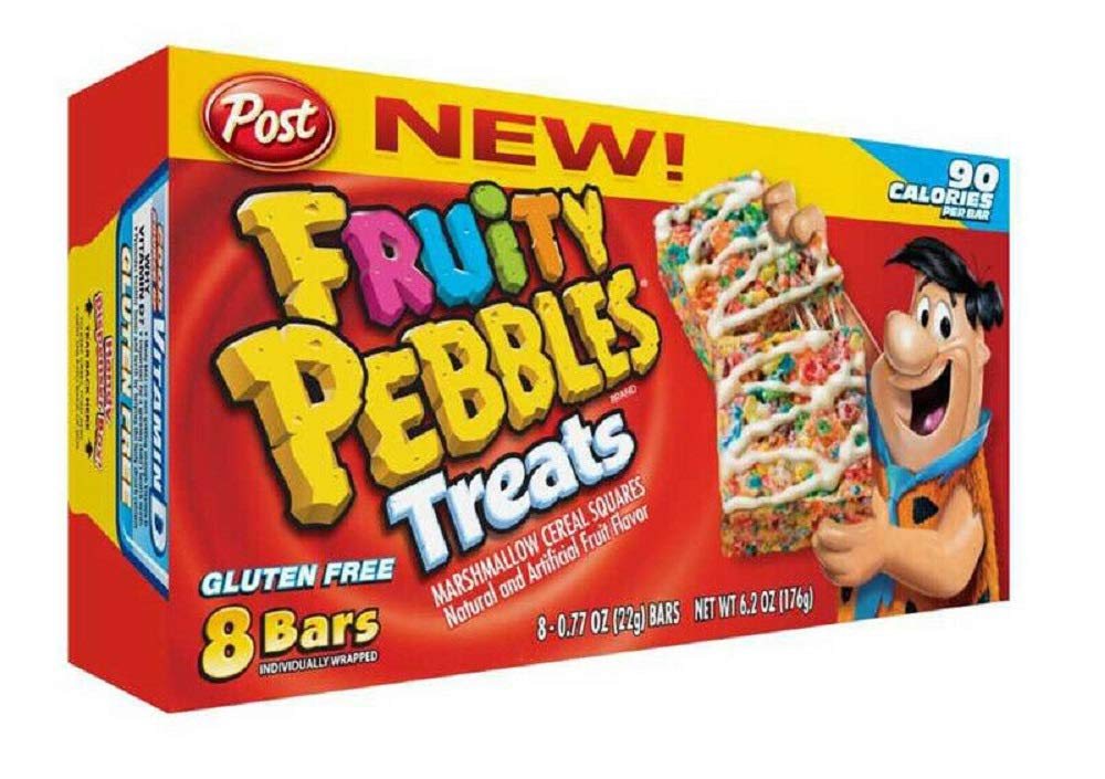 Post Fruity Pebbles Treats box front—sweet, snackable cereal treats for on-the-go indulgences.