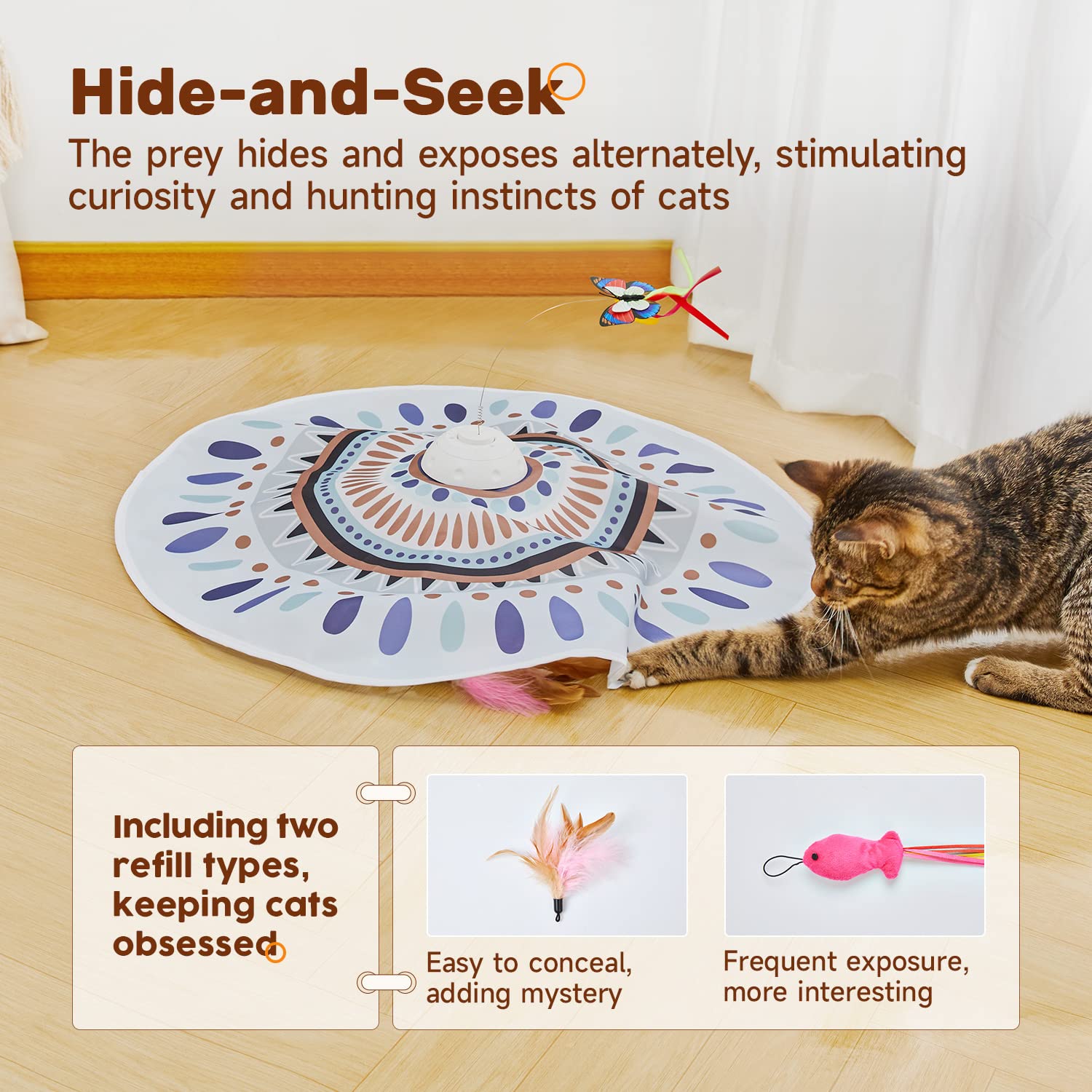 Potaroma feather wand triggers unpredictable chases for hunting play.