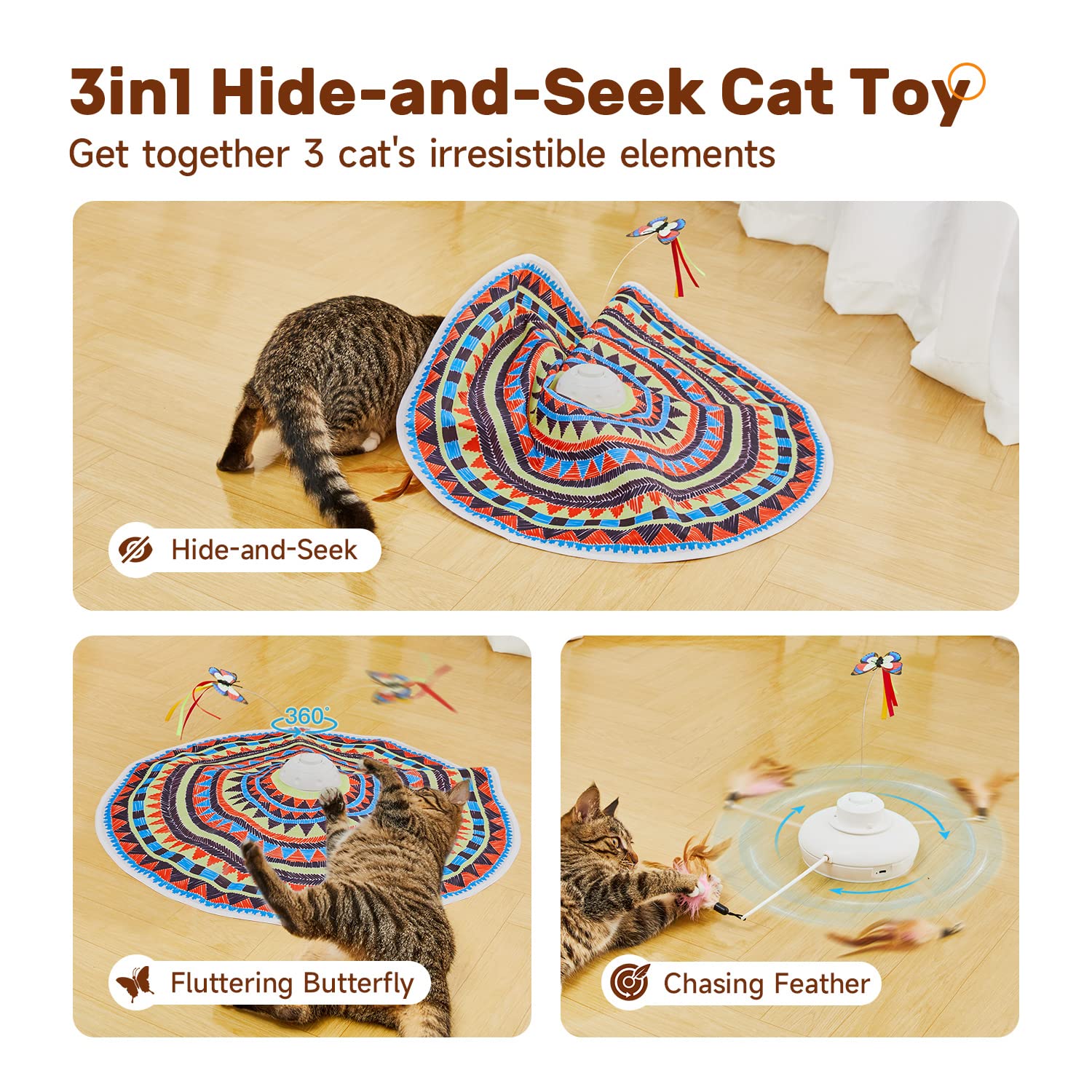 Potaroma moving feather wand engages kittens with unpredictable motion