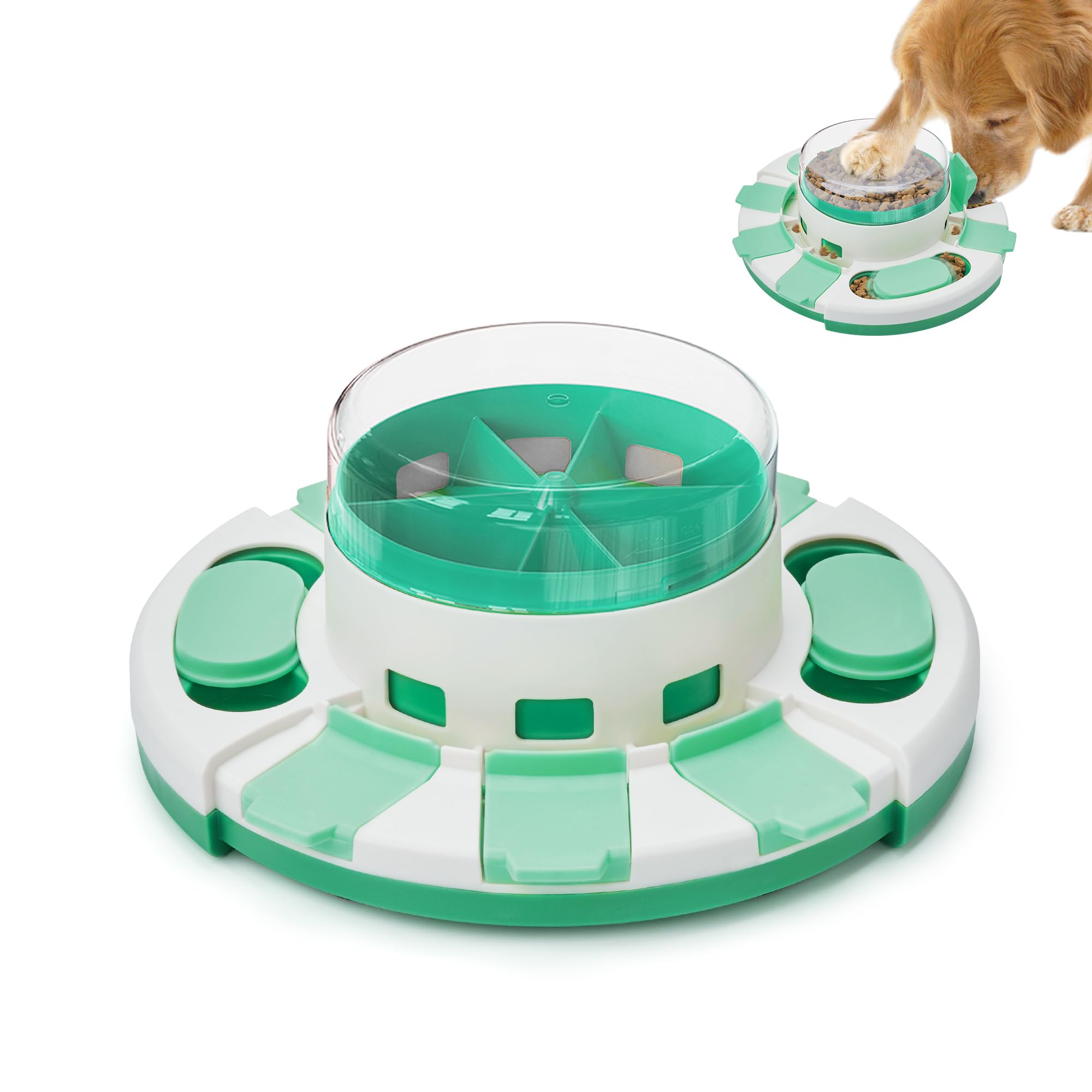 Potaroma dog puzzle toy, 2-level design in green and white, stimulates thinking with treats.