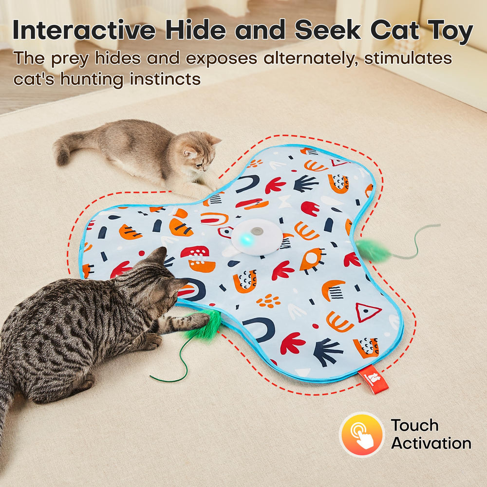 Potaroma hide-seek toy sparks cat play with a moving feather.