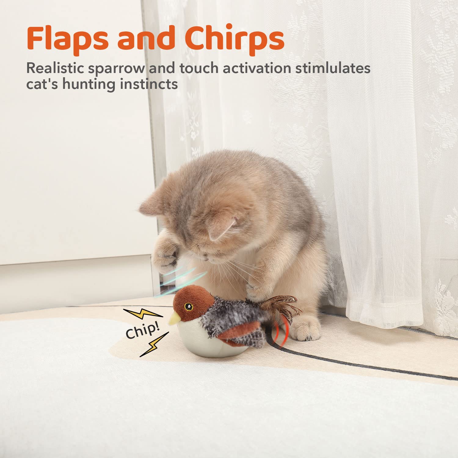 Potaroma sparrow cat toy chirps during play to entice cats