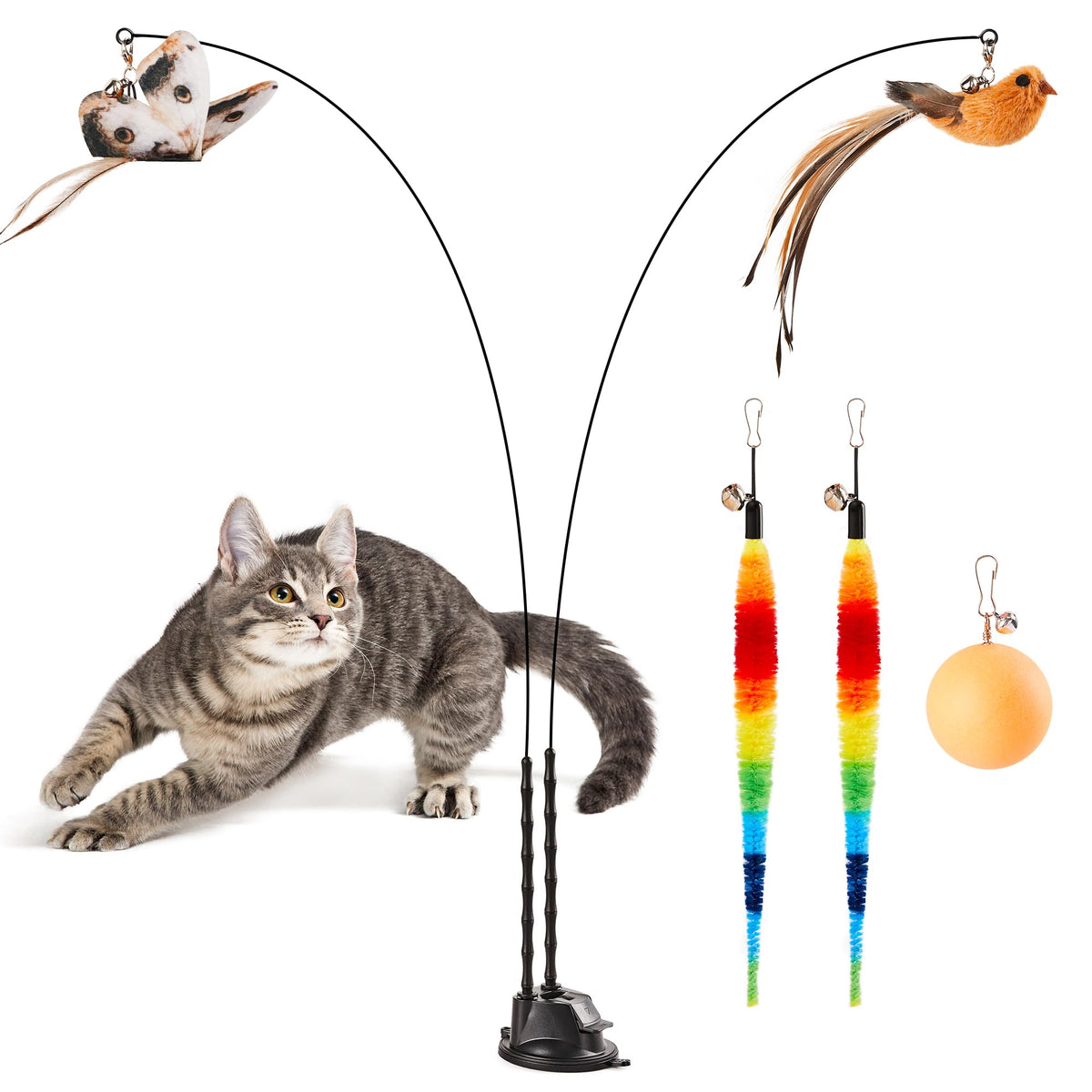 Potaroma suction-cup cat wand with attachments for engaging prey-like play