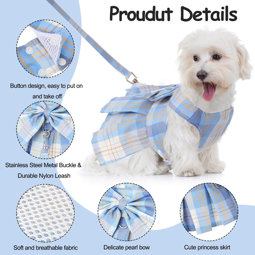Potchen plaid dog dress in light pink with bow harness for outings