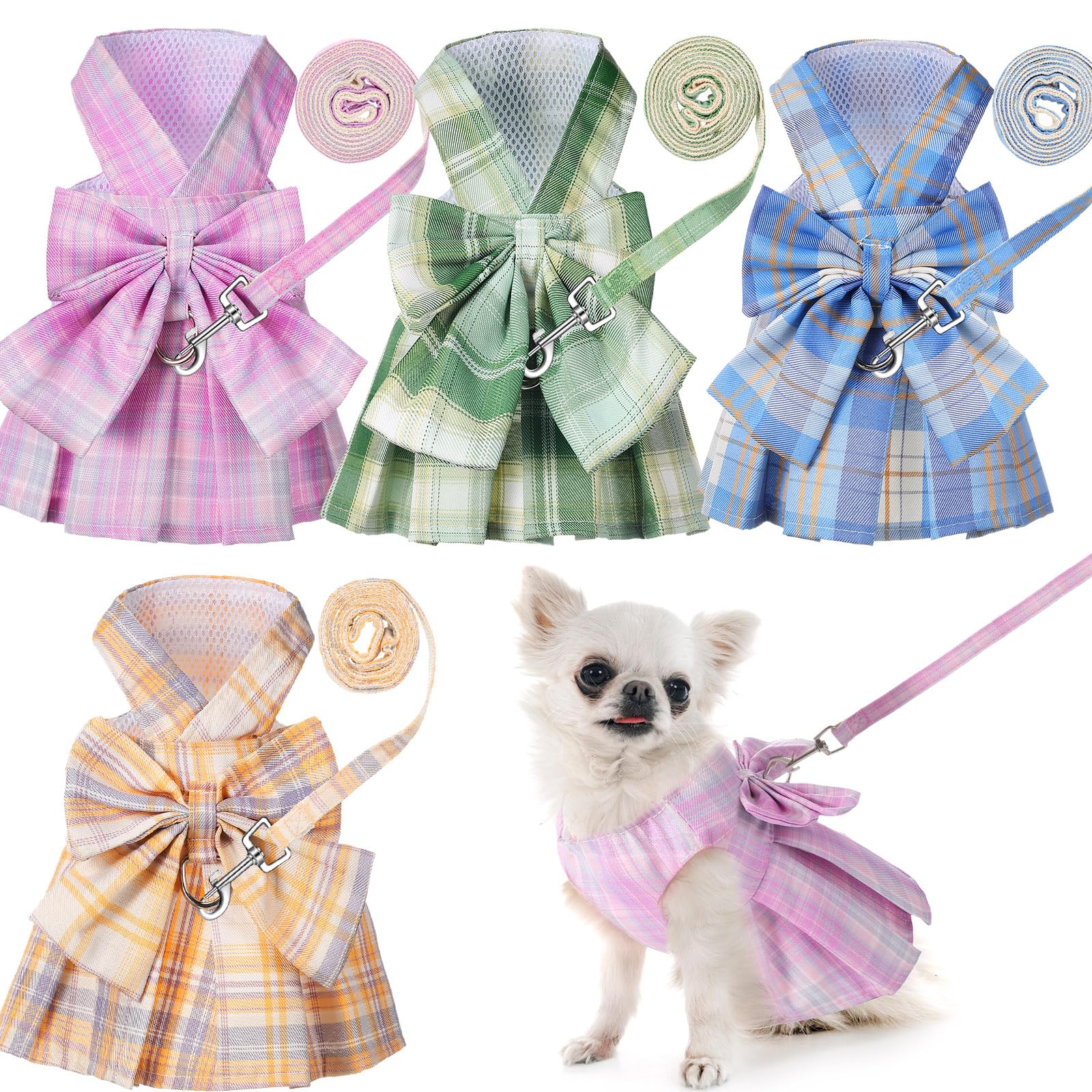Potchen plaid dog dress in sky blue with bow harness for stylish daily wear