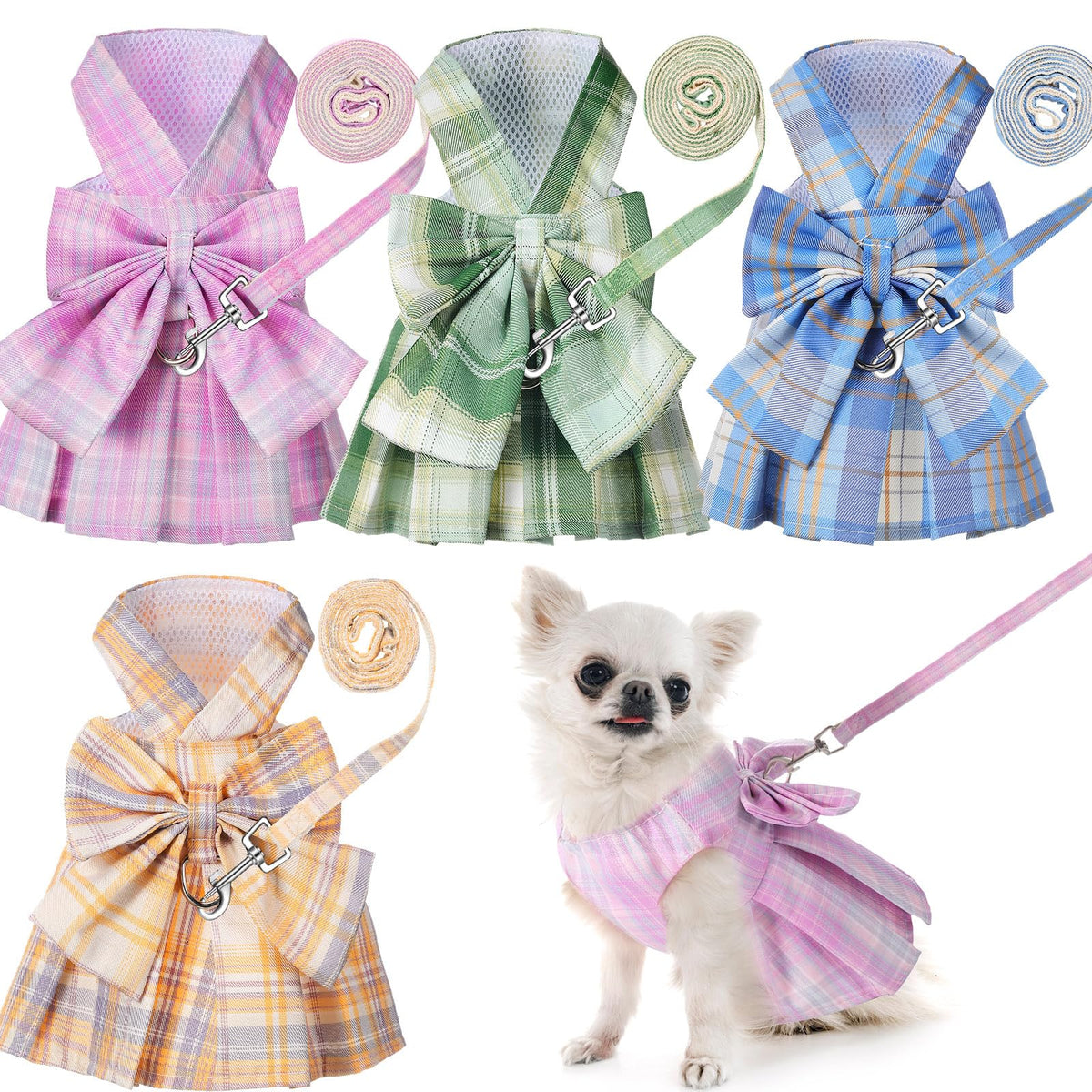 Potchen plaid dog dress in sky blue with bow harness for stylish daily wear