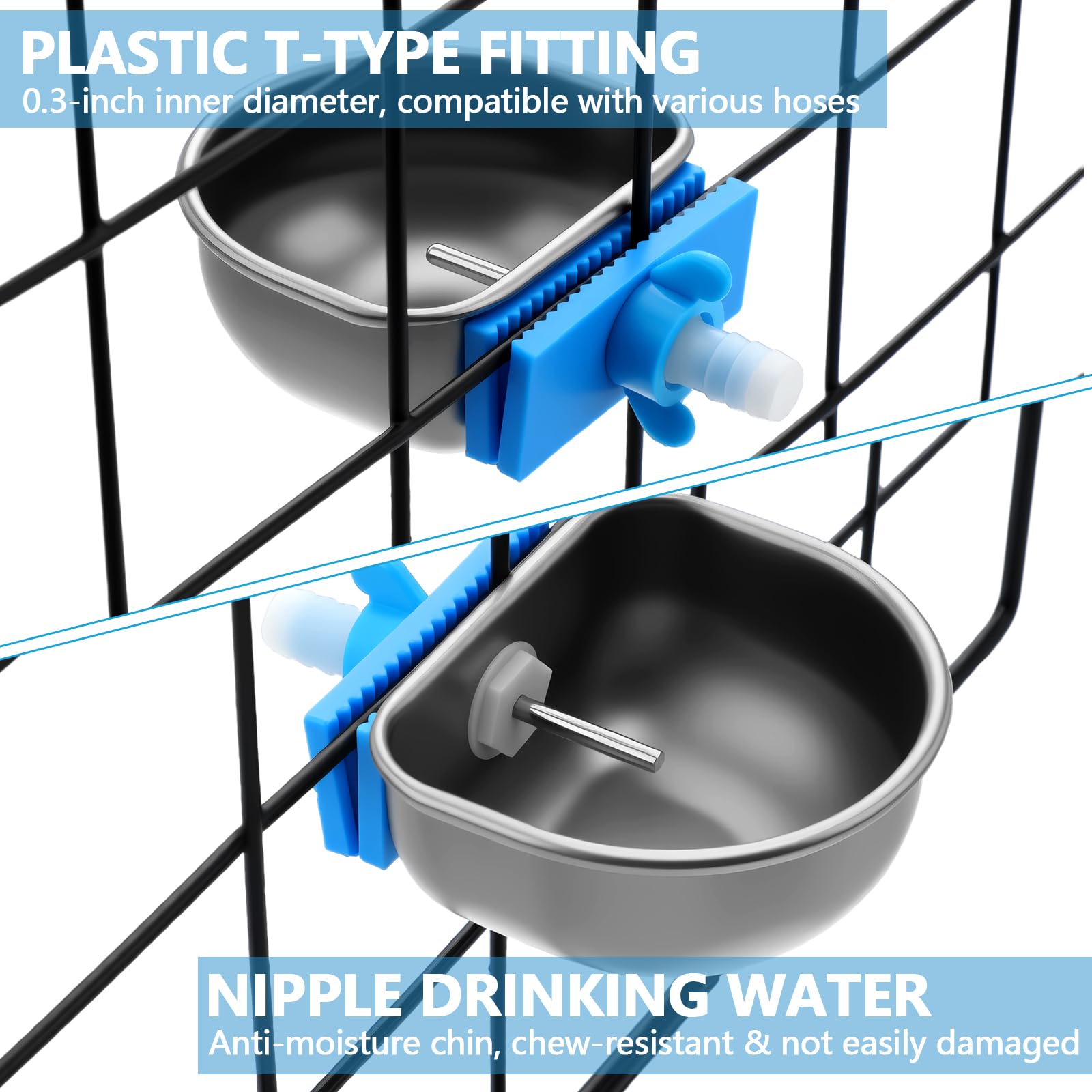 Potchen rabbit water bowl nipple drinker side view highlights durable 304 stainless steel construction.
