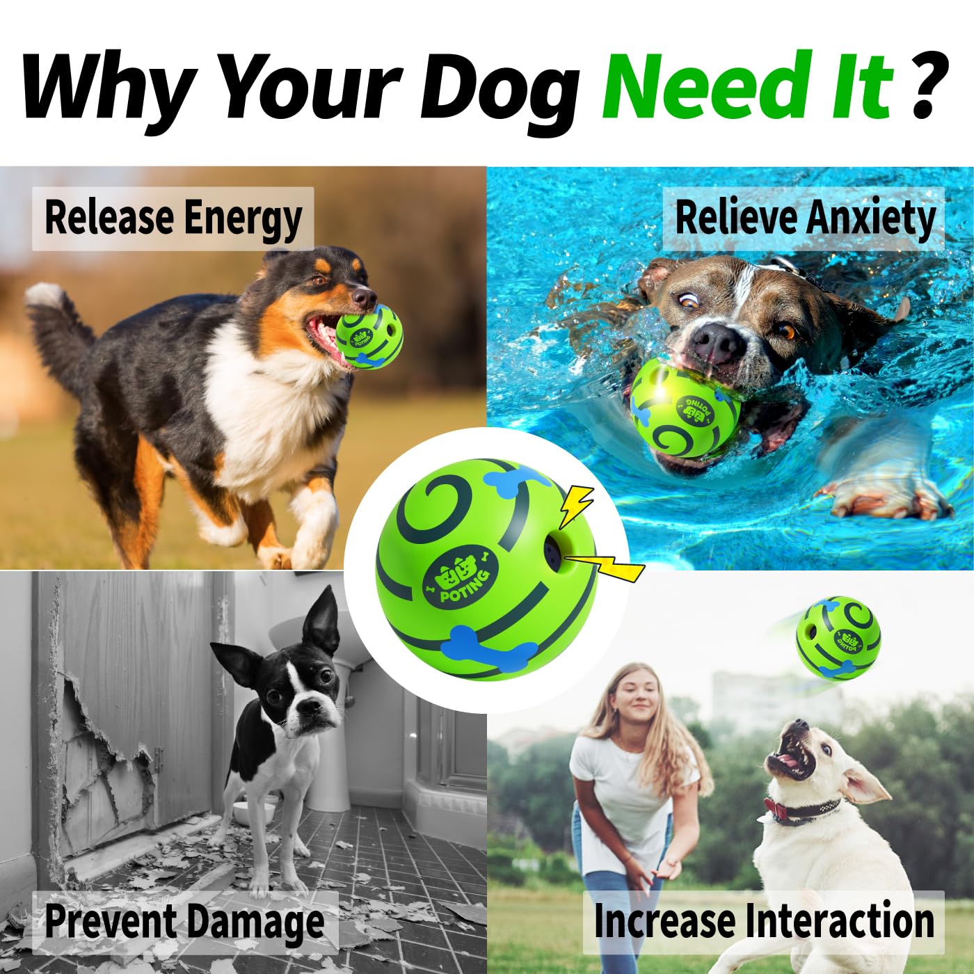 POTING Giggle Ball durable vinyl for long-lasting fetch and bite-safe fun.
