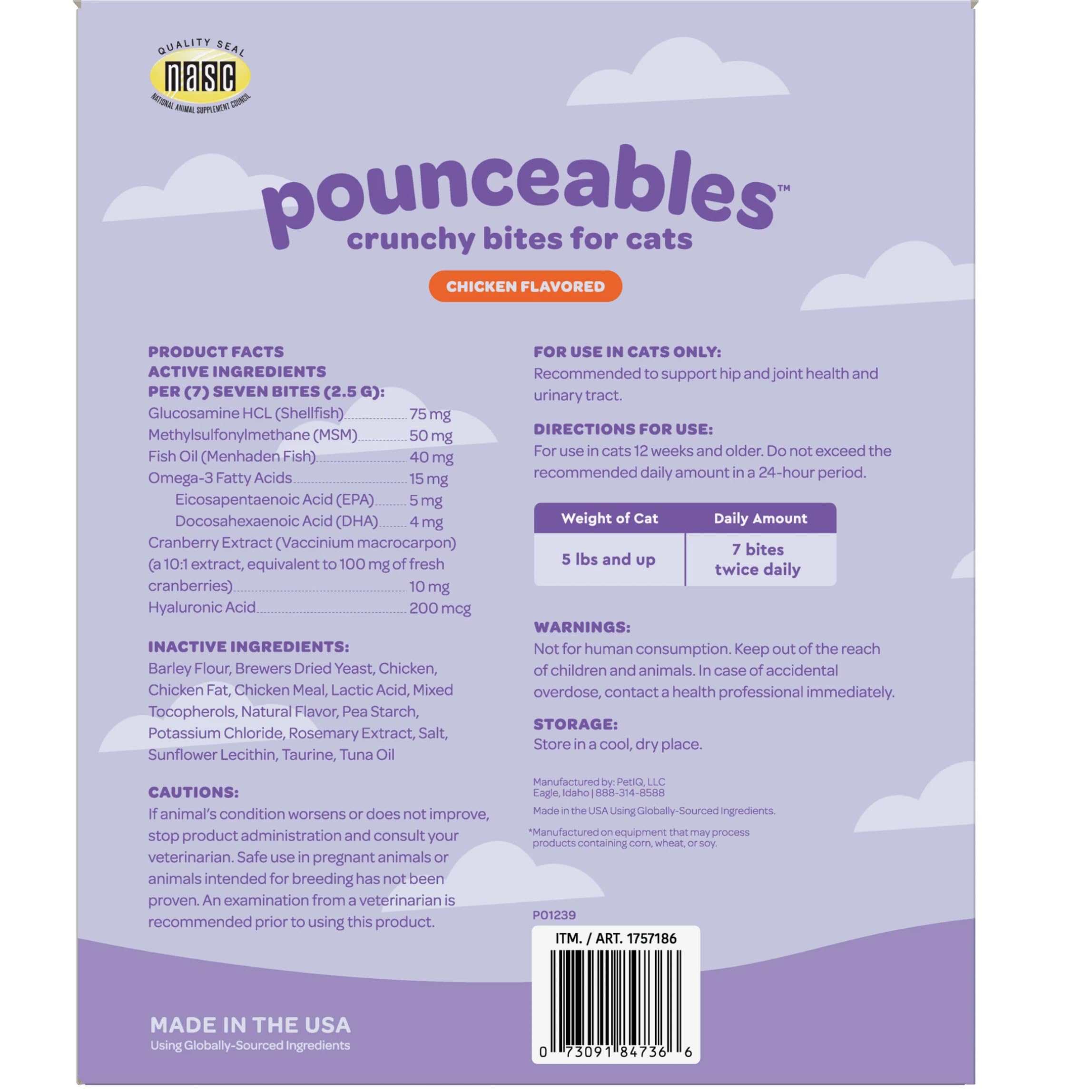 Close-up of Pounceables Crunchy Cat Treats showing chicken flavor and urinary support benefits.