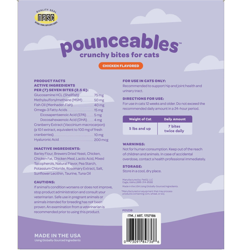 Close-up of Pounceables Crunchy Cat Treats showing chicken flavor and urinary support benefits.