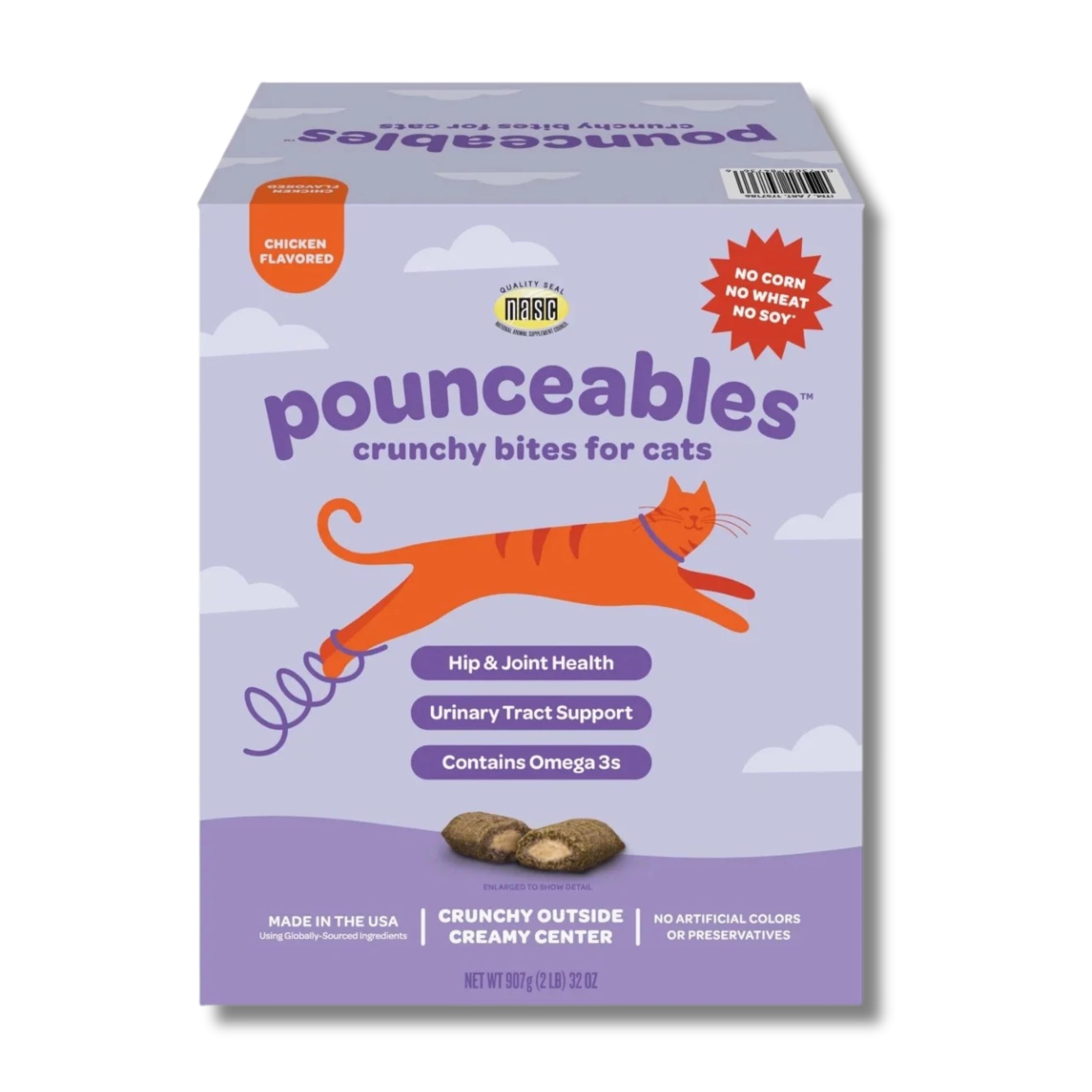 Pounceables Crunchy Cat Treats packshot in chicken flavor promoting hip and joint health.