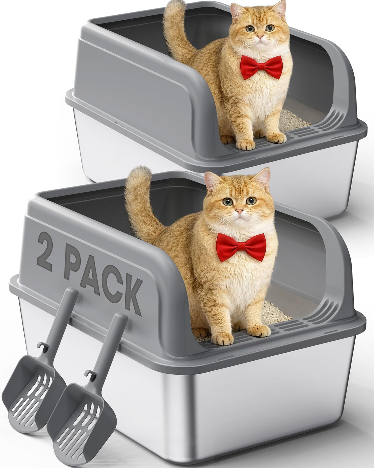 Powools 2-pack litter boxes, top view, roomy interior for multi-cat households.