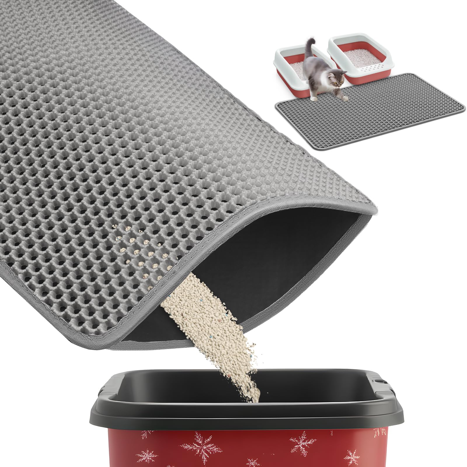 Powools 35x30 cat litter mat from front angle traps litter and protects floors.