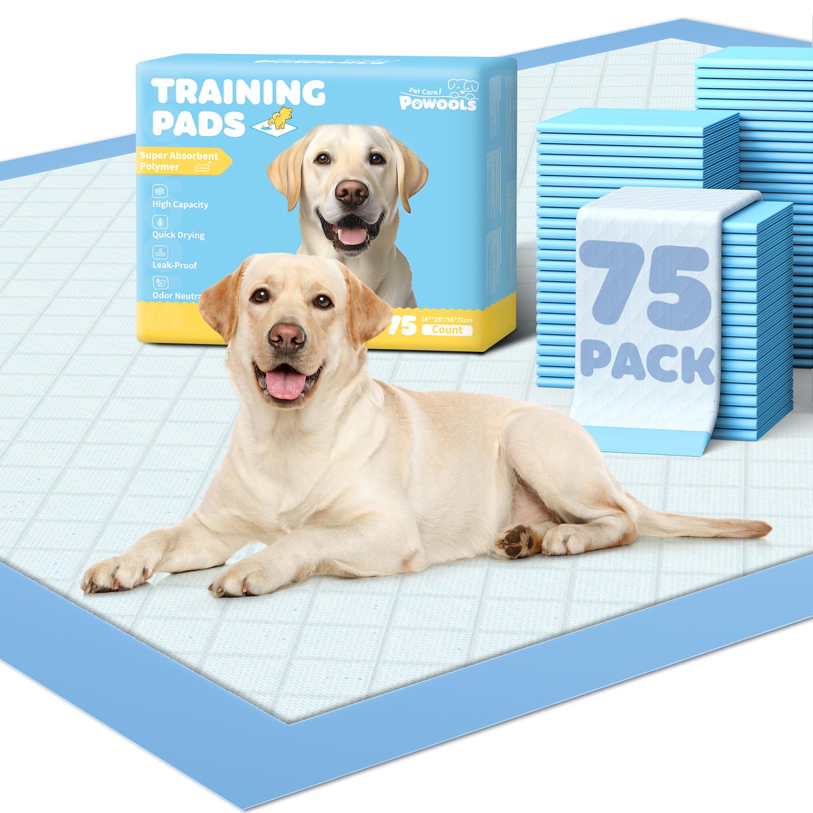 Powools 75-pack XX-Large puppy pad 38x28 inches for easy house training.