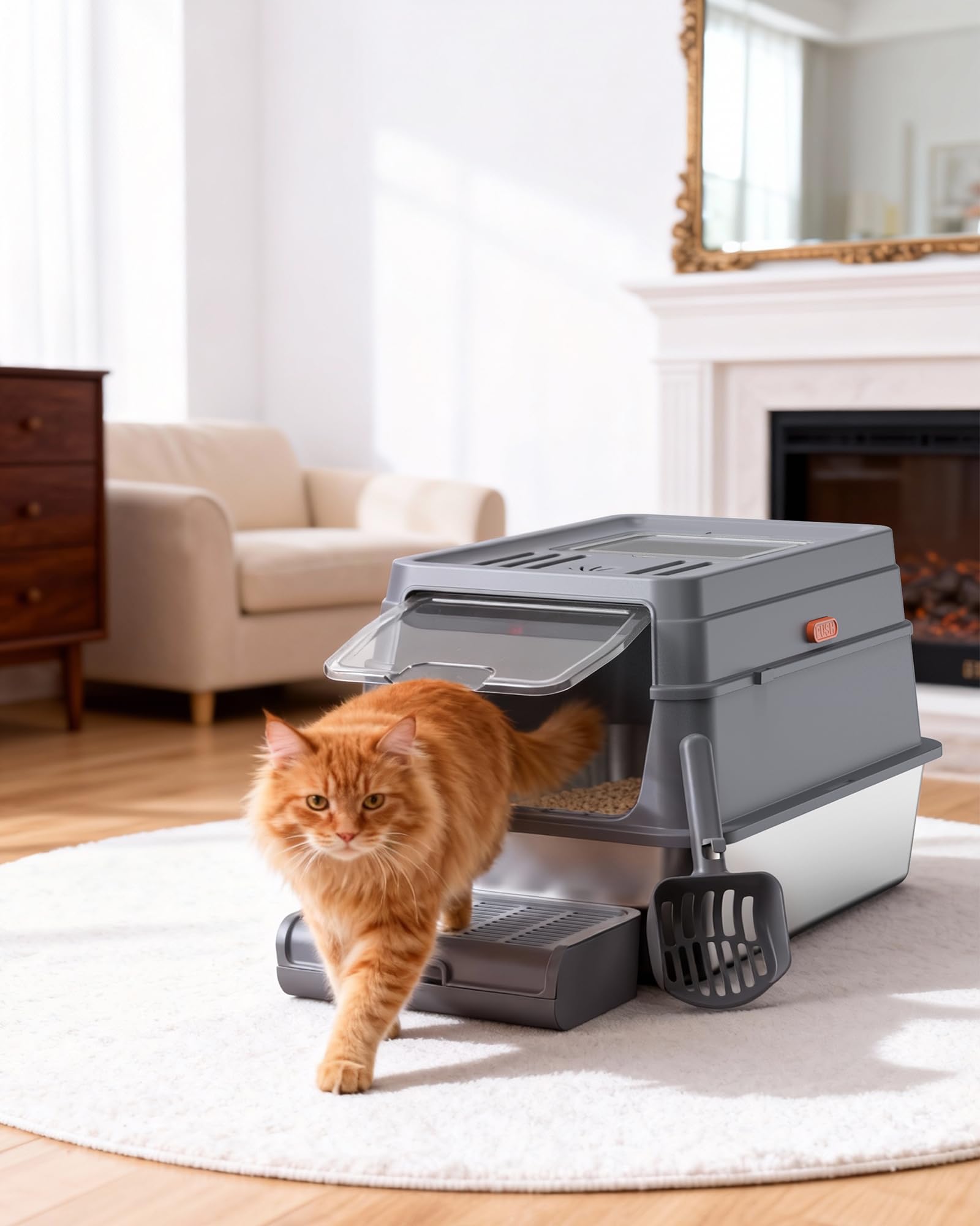 Powools cat litter box 3-mode opening for open, semi-enclosed, or full enclosure.