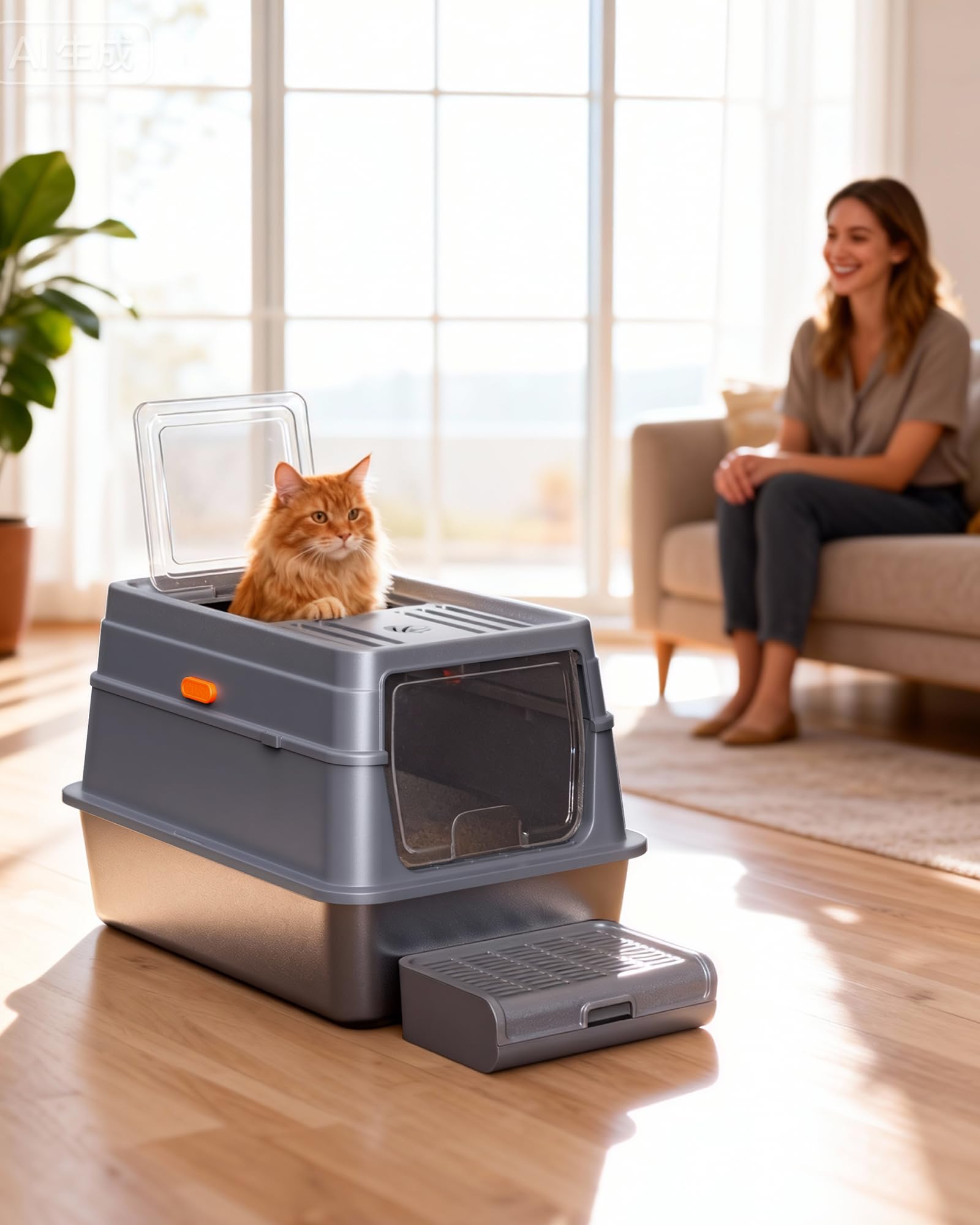 Powools cat litter box stainless-steel-base is rust-resistant and easy to wipe clean.