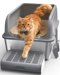 Powools cat litter box in steel, top view, spacious entry for easy scooping