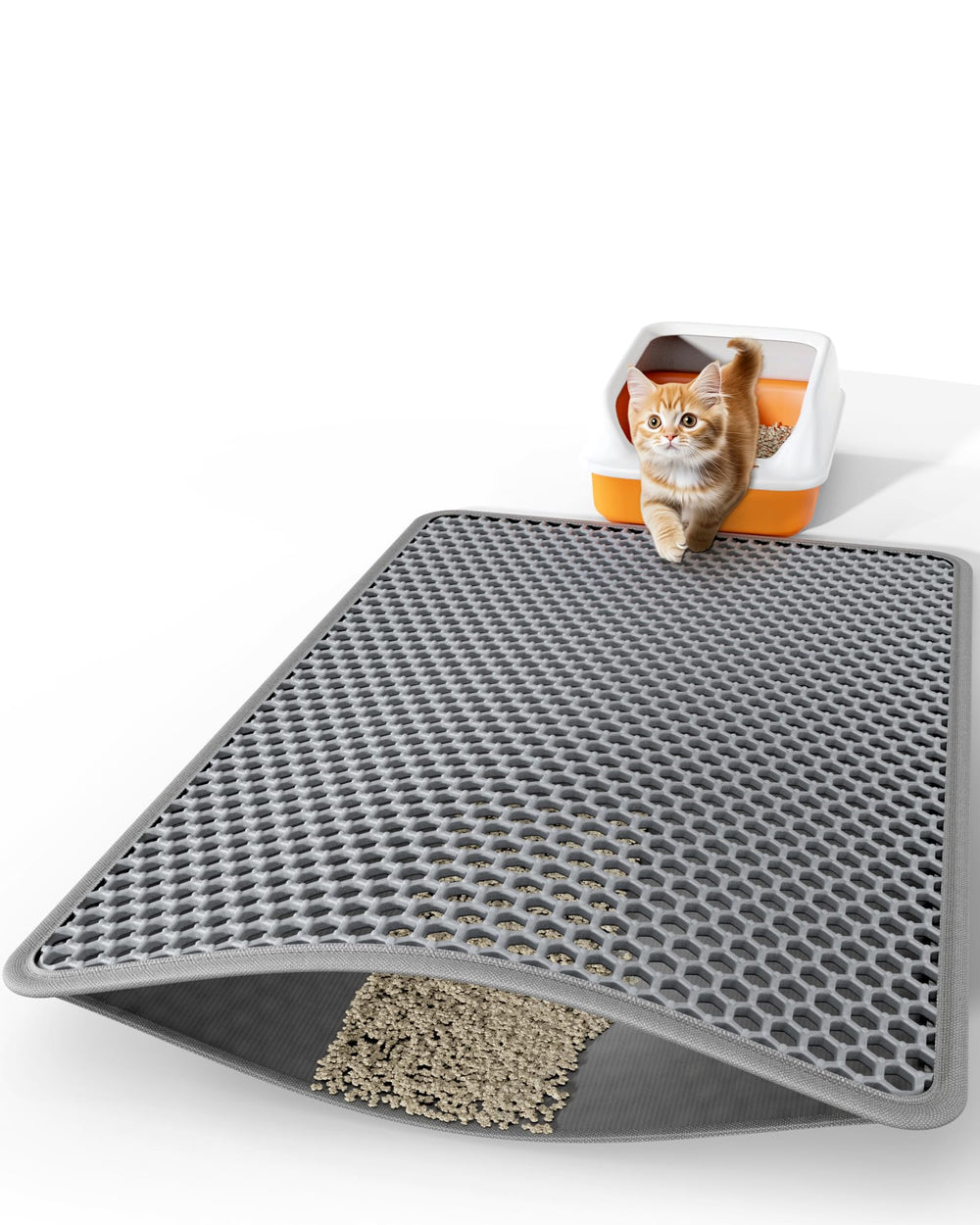 Powools cat litter mat with double-layer top honeycomb traps loose litter.