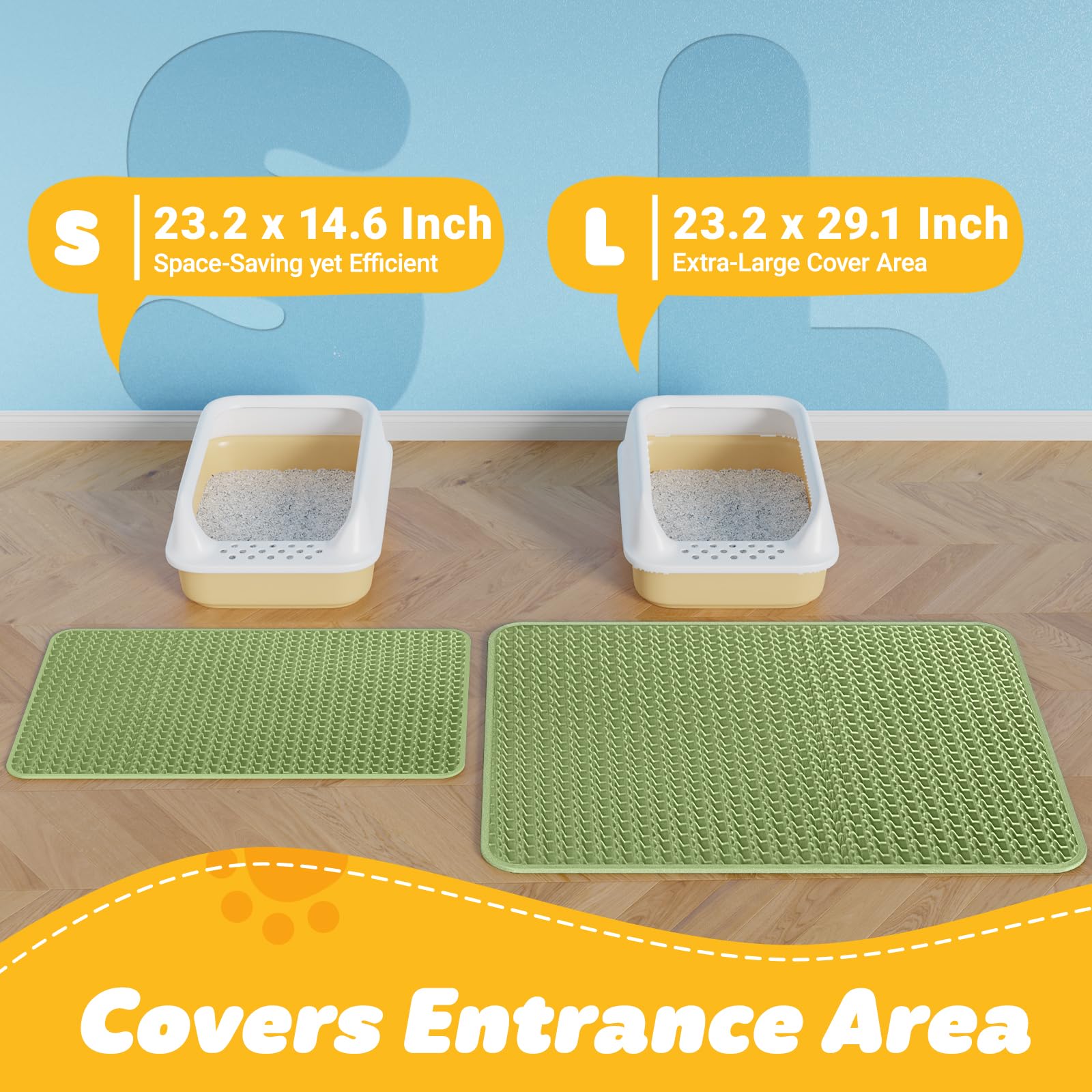 Powools litter mat presents waterproof bottom and non-slip backing to protect floors.