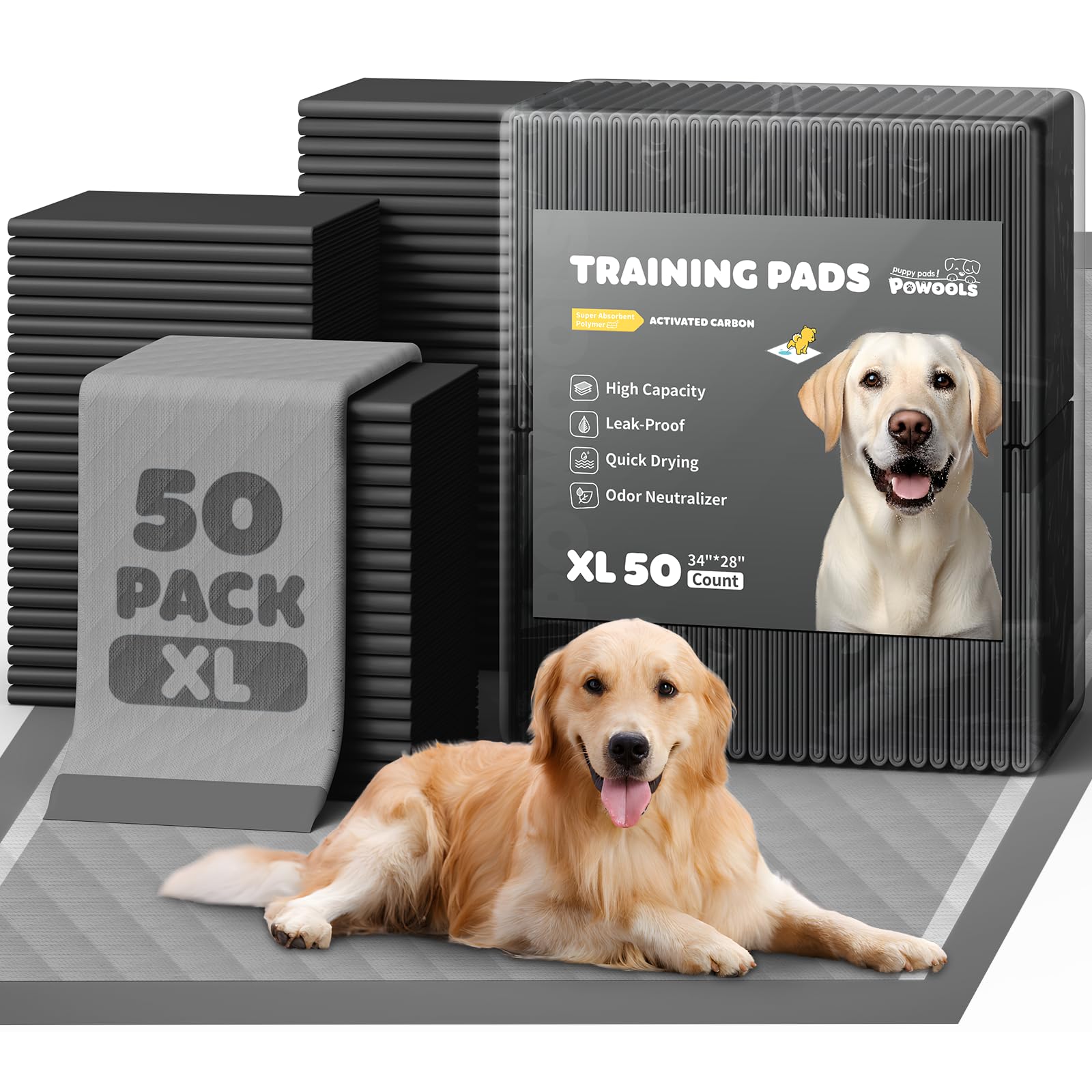Powools charcoal puppy pad 34x28 ultra-large for all-day protection and mess containment.