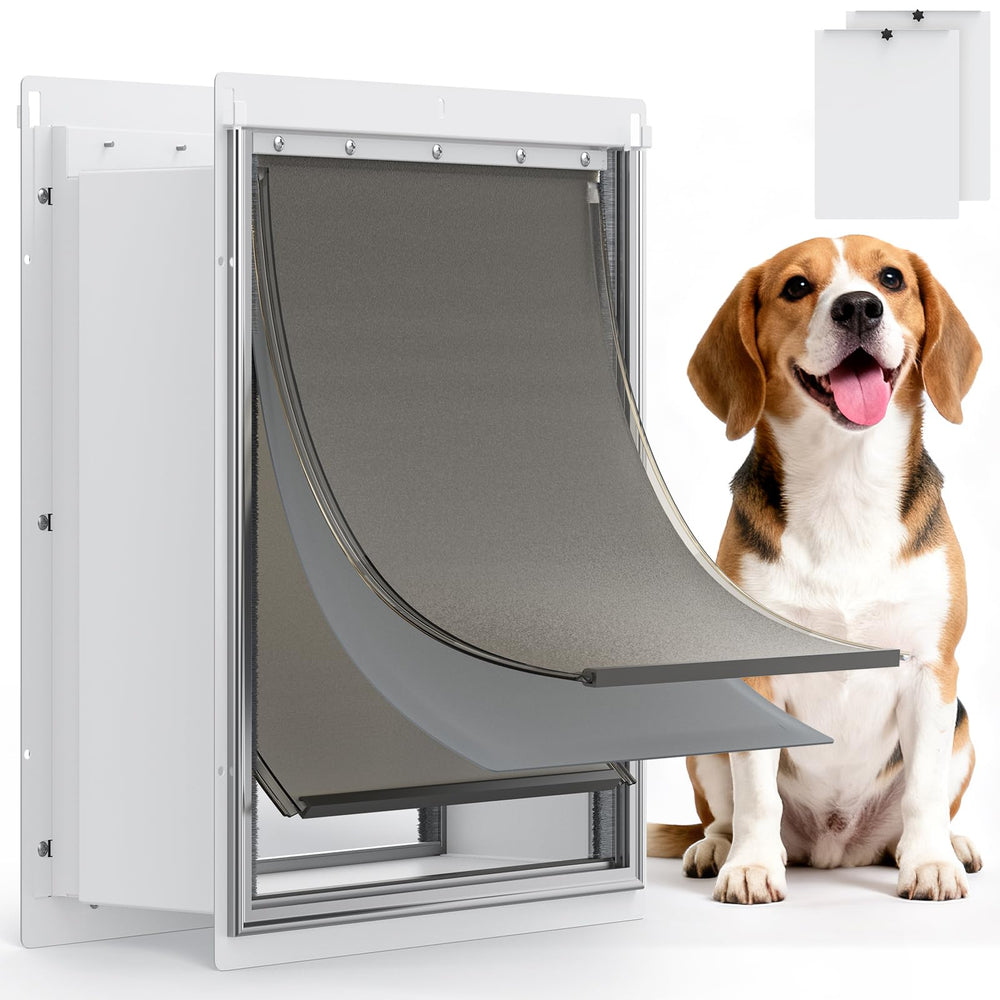 Powools Pet Door for Wall front view highlights durable steel construction.