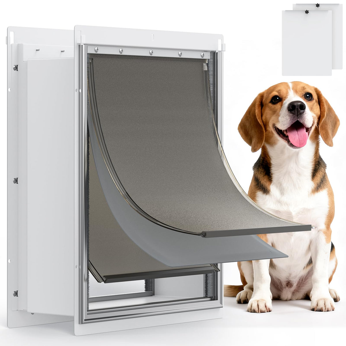 Powools Pet Door for Wall front view highlights durable steel construction.