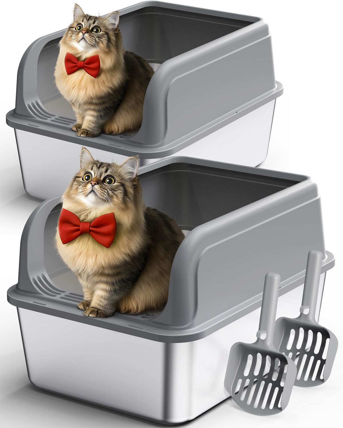 Powools stainless steel cat litter box 2-pack with durable, long-lasting design.