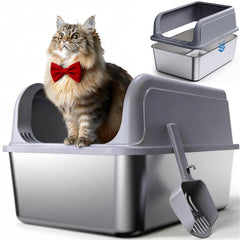 Powools stainless steel cat litter box top-entry view for easy access and cleanup.