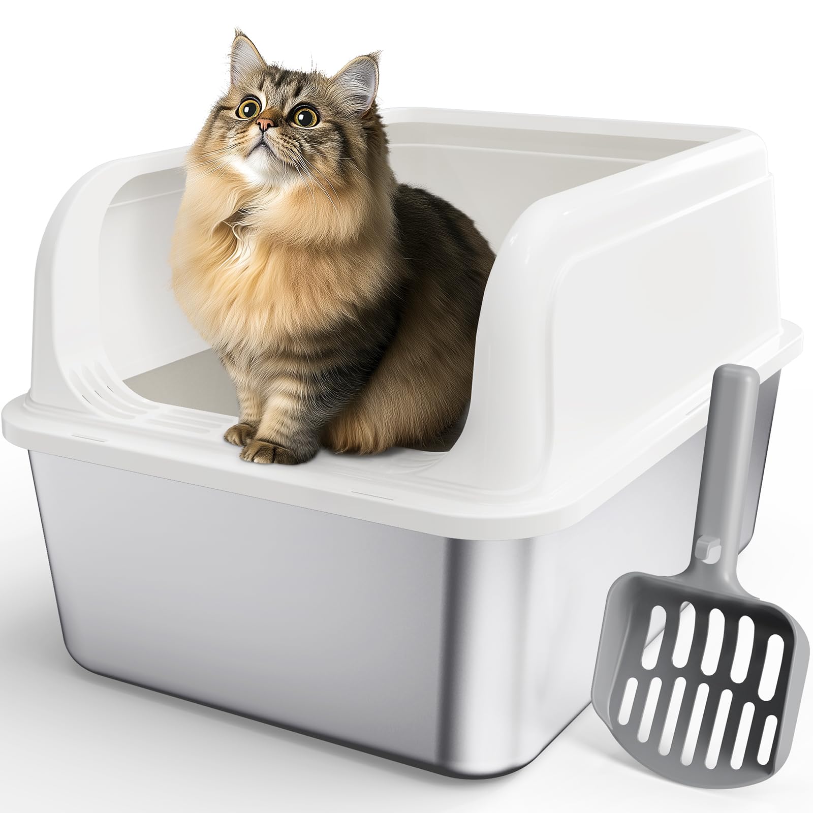 Powools stainless steel litter box, top view, easy cleaning and leak protection.