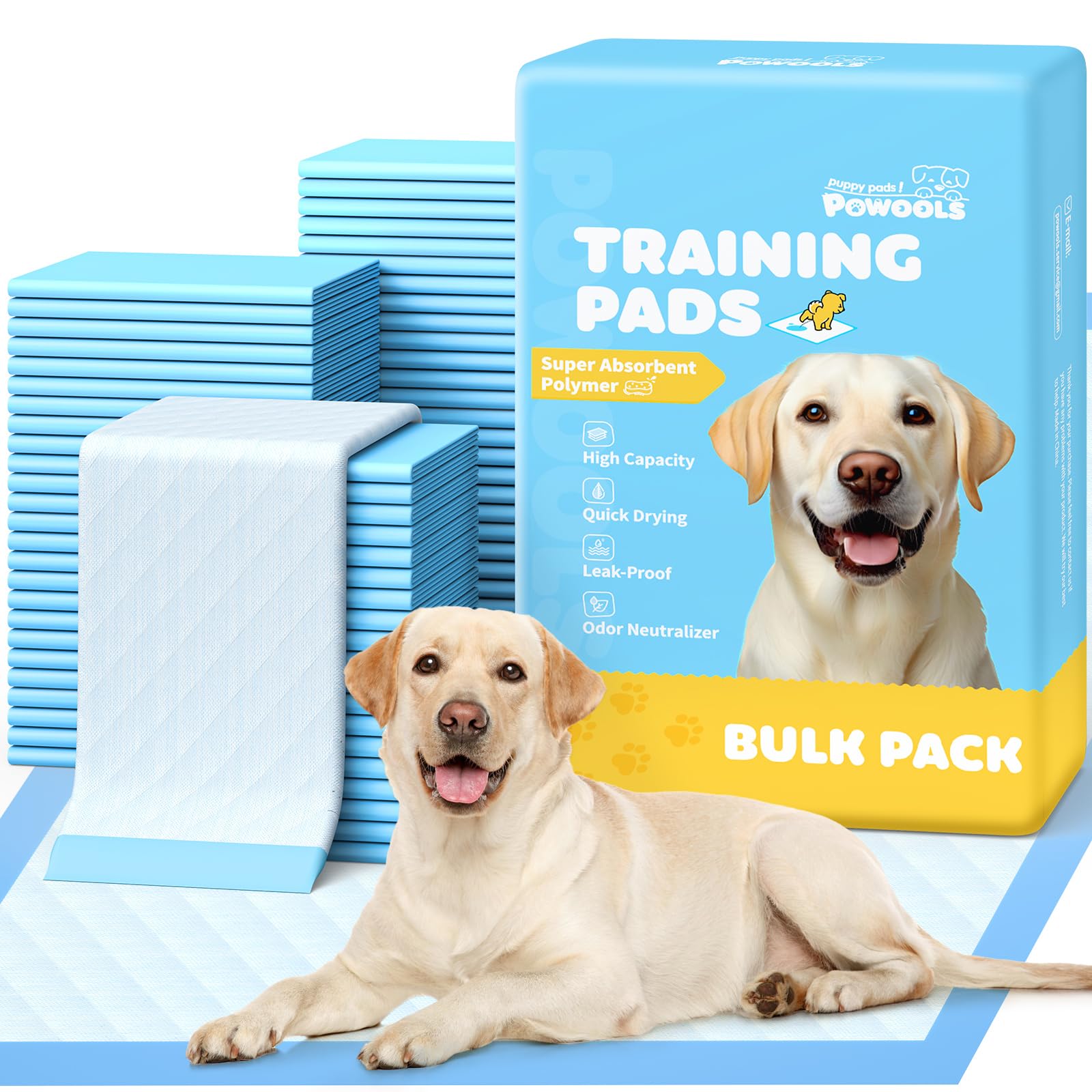 Powools XL puppy pads 34x28 blue front view, spacious surface for confident potty training.
