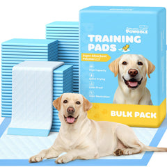 Powools XL puppy pads 34x28 blue front view, spacious surface for confident potty training.