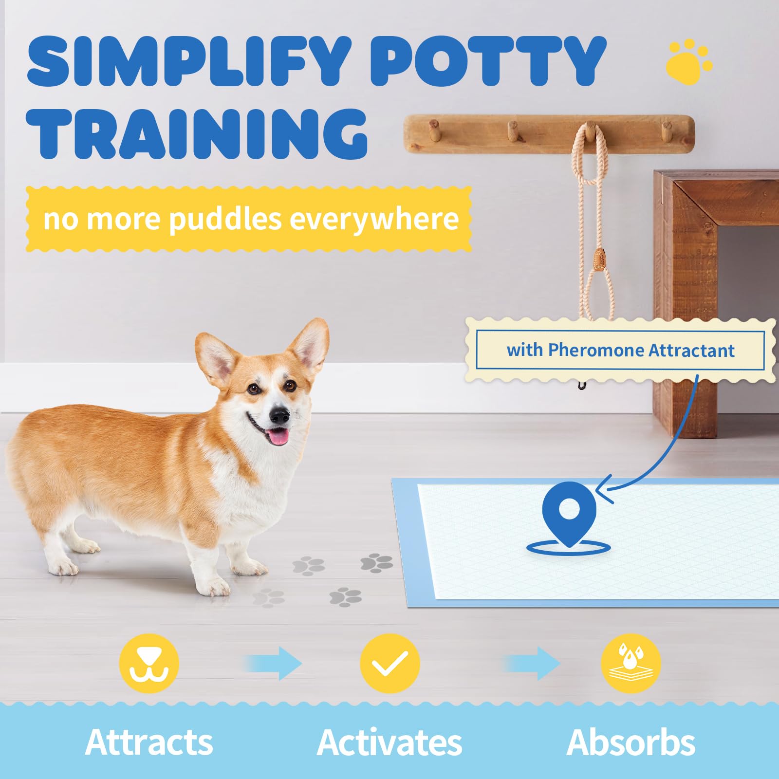 Powools XL puppy pads 34x28, leak-proof backing protects floors during use.