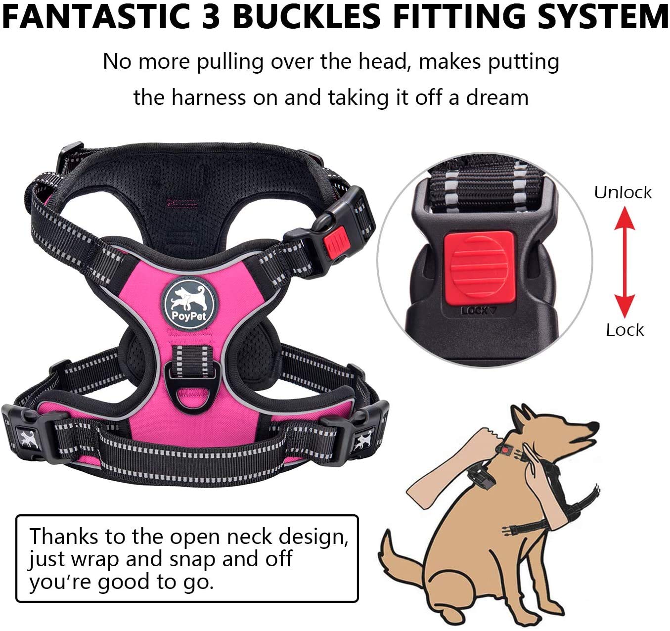 PoyPet front-clip pink harness focusing on front D-ring control for safer walks.