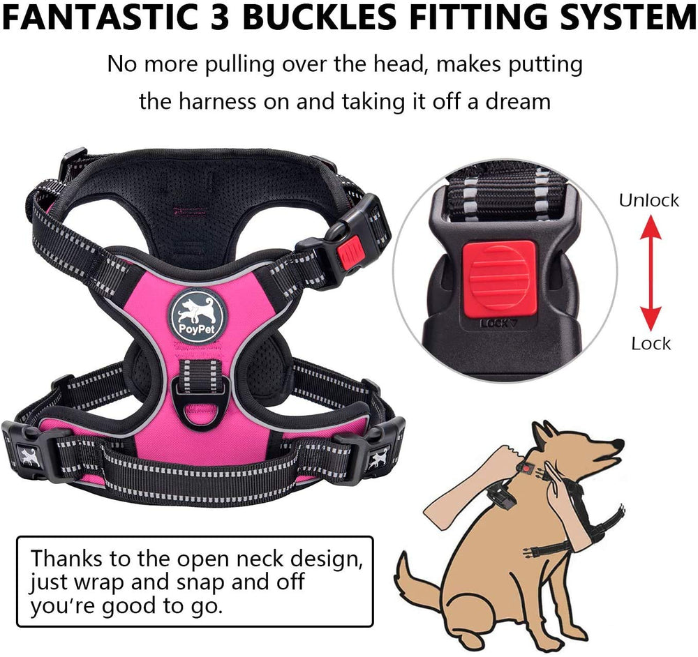 PoyPet front-clip pink harness focusing on front D-ring control for safer walks.