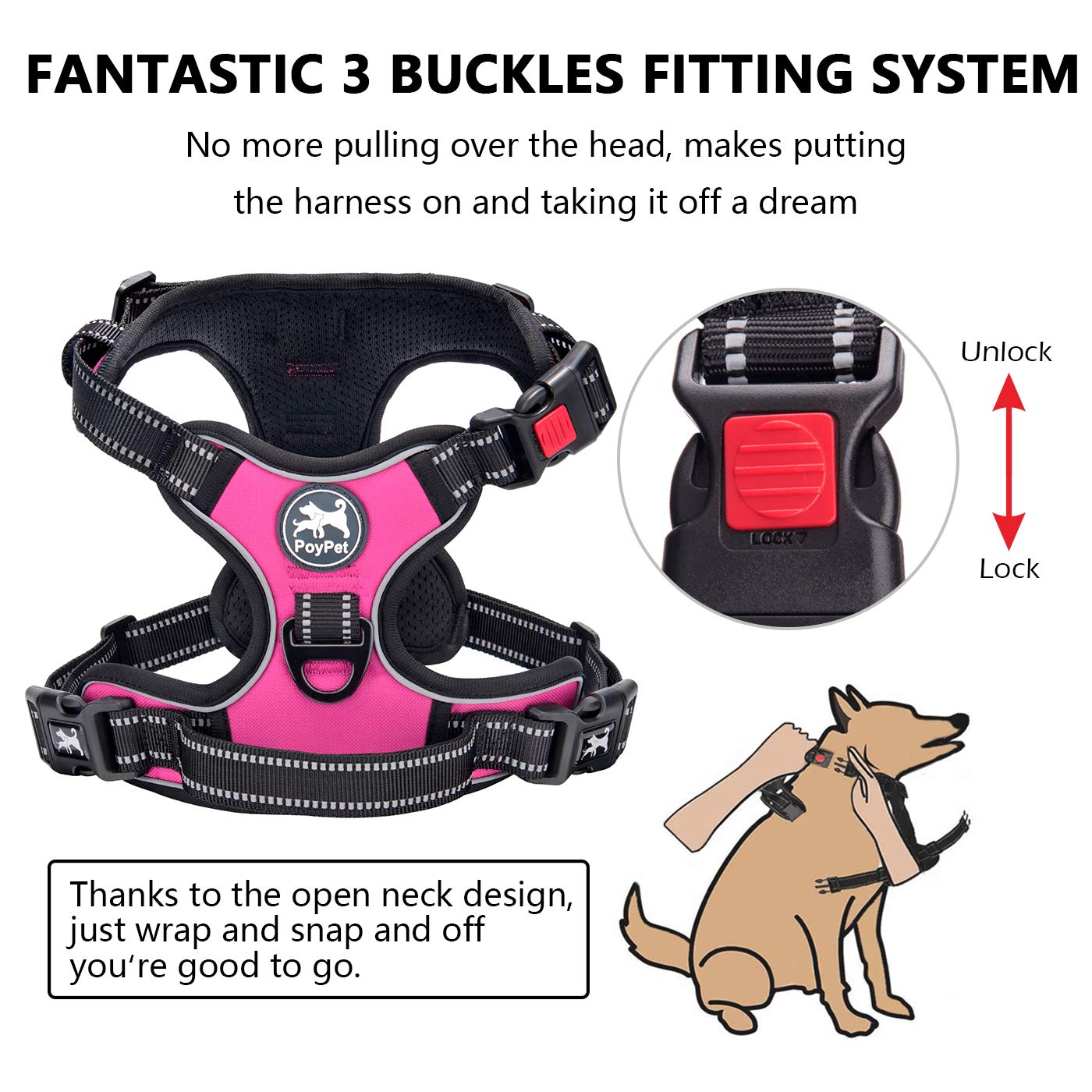 PoyPet No Pull Harness back clip for relaxed walks and secure leashing.