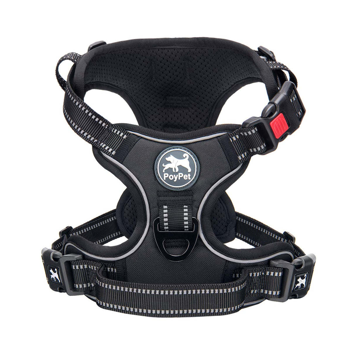 PoyPet No Pull Harness front clip detail for gentle, controlled walking.