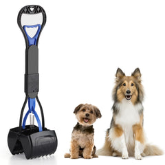 PPOGOO pooper scooper with long blue handle for easy bending-free cleanup